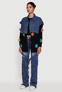 Womens Flower Detail Layered Sweater Denim Jacket, Multi,
