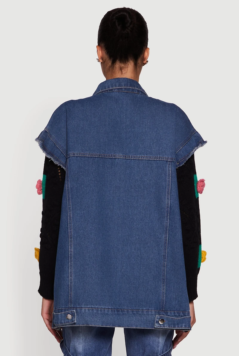 Womens Flower Detail Layered Sweater Denim Jacket, Multi,
