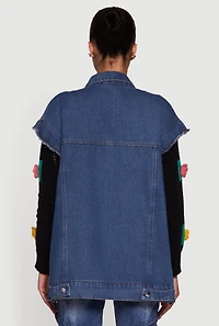 Womens Flower Detail Layered Sweater Denim Jacket, Multi,