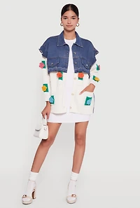 Womens Flower Detail Layered Sweater Denim Jacket, Multi, Size S