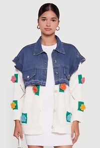 Womens Flower Detail Layered Sweater Denim Jacket, Multi, Size S