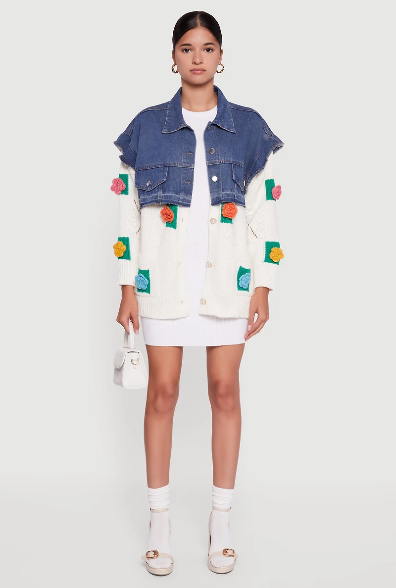Womens Flower Detail Layered Sweater Denim Jacket, Multi, Size S