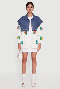 Womens Flower Detail Layered Sweater Denim Jacket, Multi, Size S