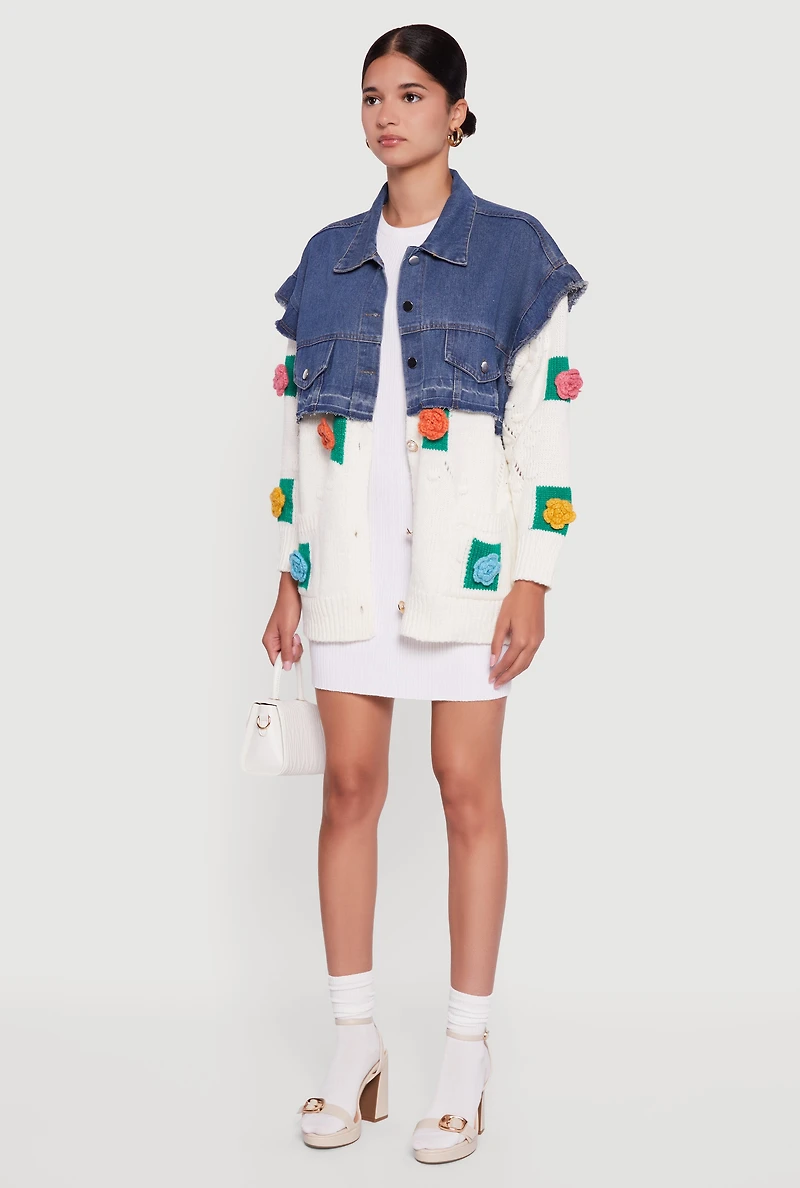 Womens Flower Detail Layered Sweater Denim Jacket, Multi, Size S