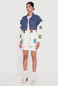 Womens Flower Detail Layered Sweater Denim Jacket, Multi, Size S