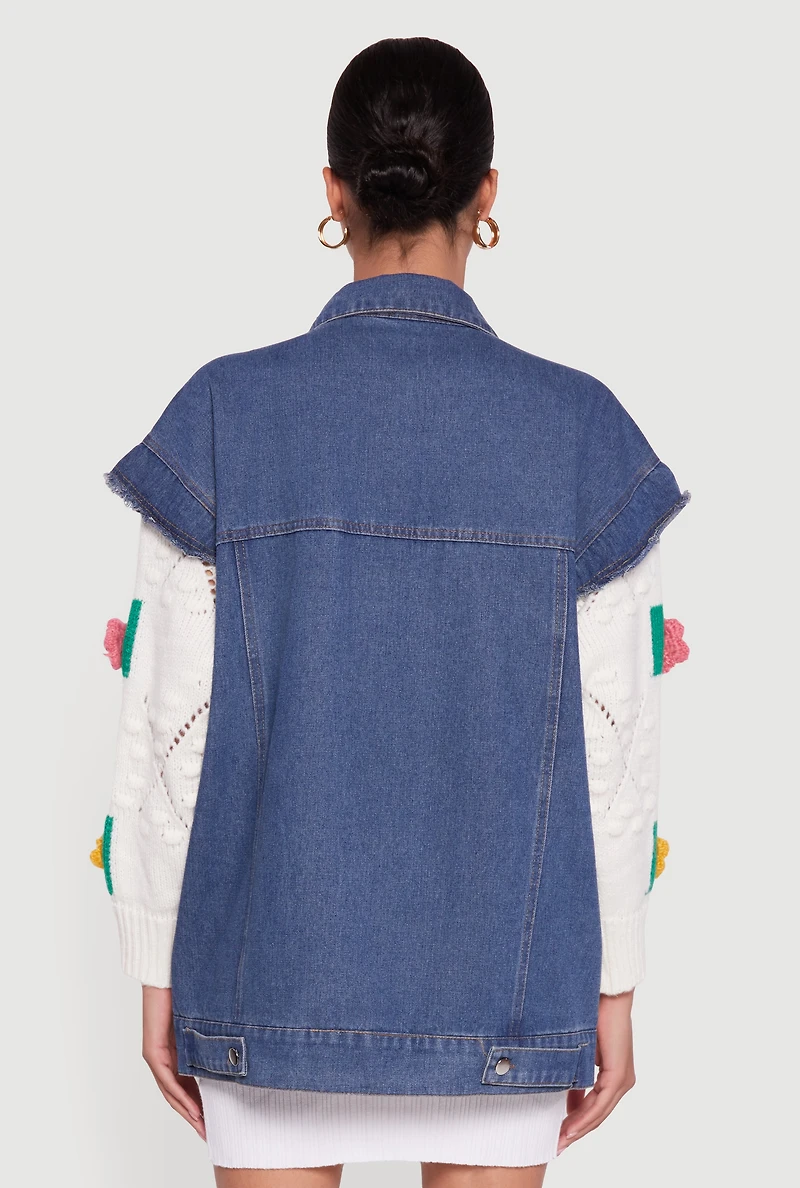 Womens Flower Detail Layered Sweater Denim Jacket, Multi,