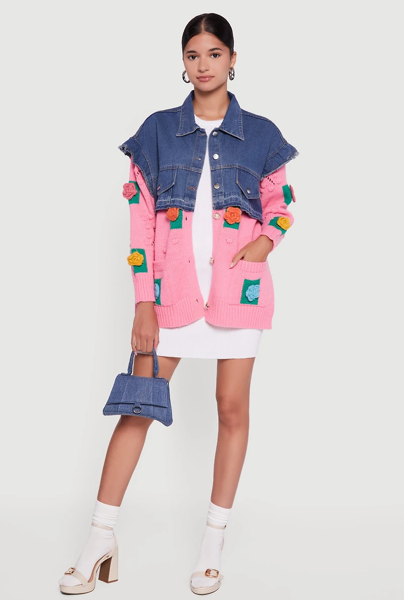 Womens Flower Detail Layered Sweater Denim Jacket, Multi, Size L