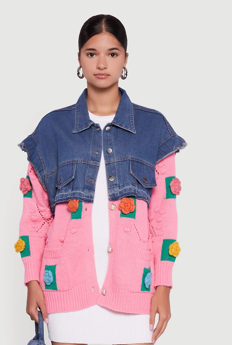 Womens Flower Detail Layered Sweater Denim Jacket, Multi, Size L