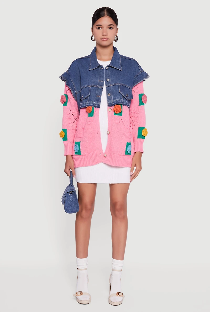 Womens Flower Detail Layered Sweater Denim Jacket, Multi, Size L