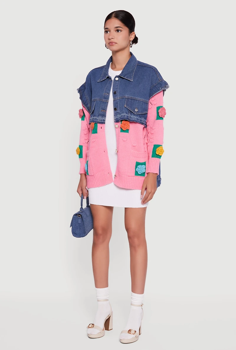 Womens Flower Detail Layered Sweater Denim Jacket, Multi, Size L