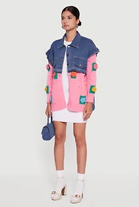 Womens Flower Detail Layered Sweater Denim Jacket, Multi, Size L