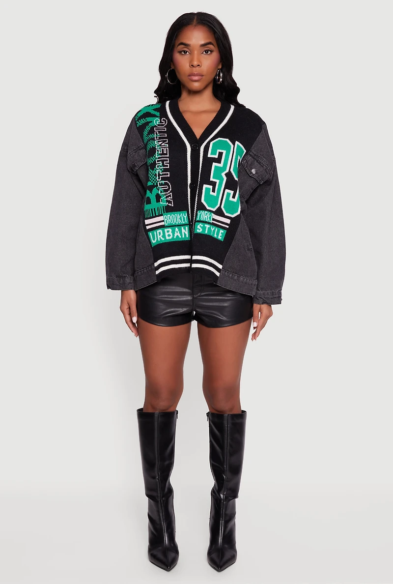 Oversized Color Blocked Streetwear Graphic Knit Denim Jacket