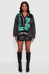 Oversized Color Blocked Streetwear Graphic Knit Denim Jacket