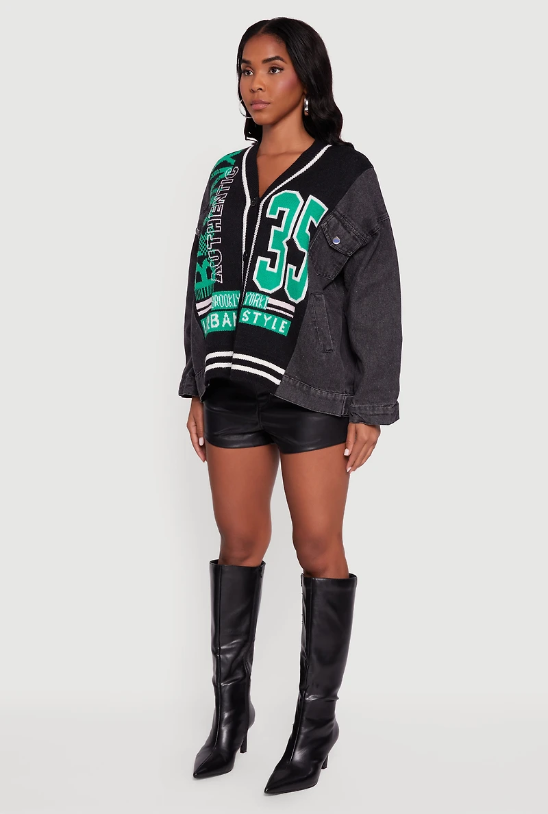Oversized Color Blocked Streetwear Graphic Knit Denim Jacket