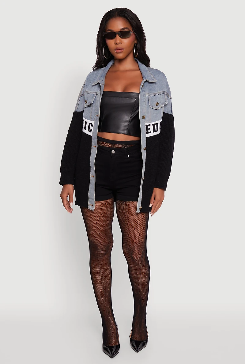 Womens Color Block Chic Graphic Knit Denim Jacket, Multi,
