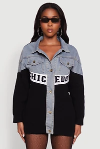Womens Color Block Chic Graphic Knit Denim Jacket, Multi,