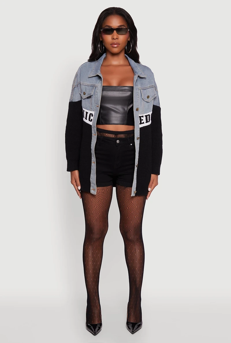 Womens Color Block Chic Graphic Knit Denim Jacket, Multi,