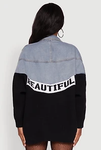 Womens Color Block Chic Graphic Knit Denim Jacket, Multi,