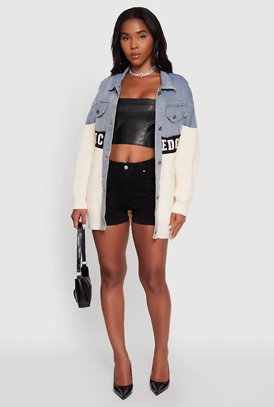 Womens Color Block Chic Graphic Knit Denim Jacket, Multi, Size S