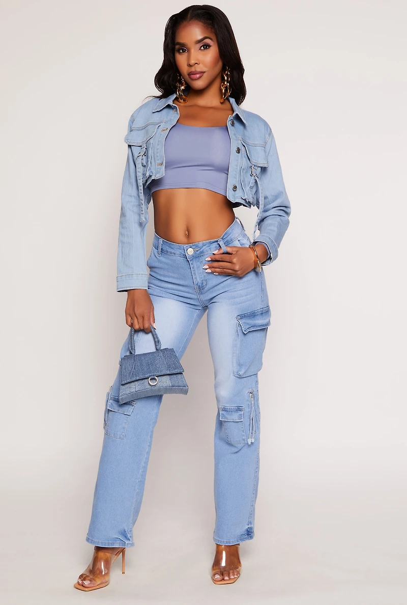 Womens Daisy Cargo Pocket Cropped Jean Jacket, Blue, Size S