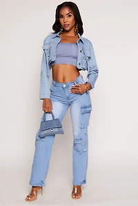 Womens Daisy Cargo Pocket Cropped Jean Jacket, Blue, Size S