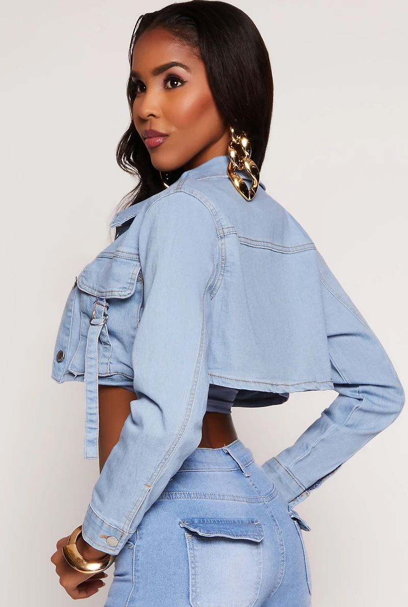 Womens Daisy Cargo Pocket Cropped Jean Jacket, Blue, Size S