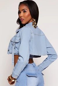 Womens Daisy Cargo Pocket Cropped Jean Jacket, Blue, Size S