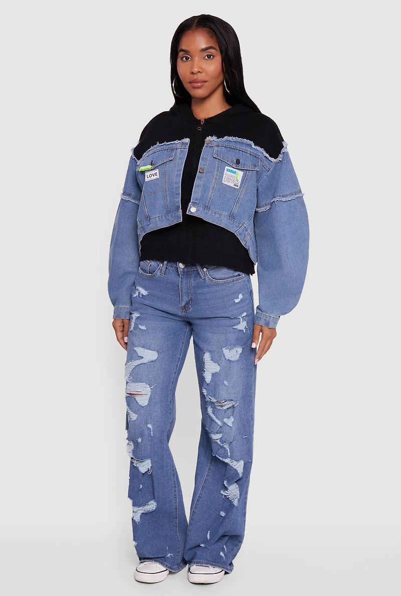 Womens Hooded Sweater Insert Layered Look Denim Jacket, Multi, Size S