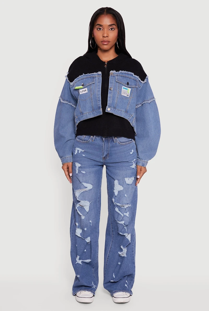 Womens Hooded Sweater Insert Layered Look Denim Jacket, Multi, Size S