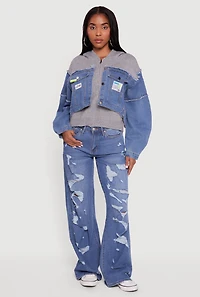 Womens Hooded Sweater Insert Layered Look Denim Jacket,