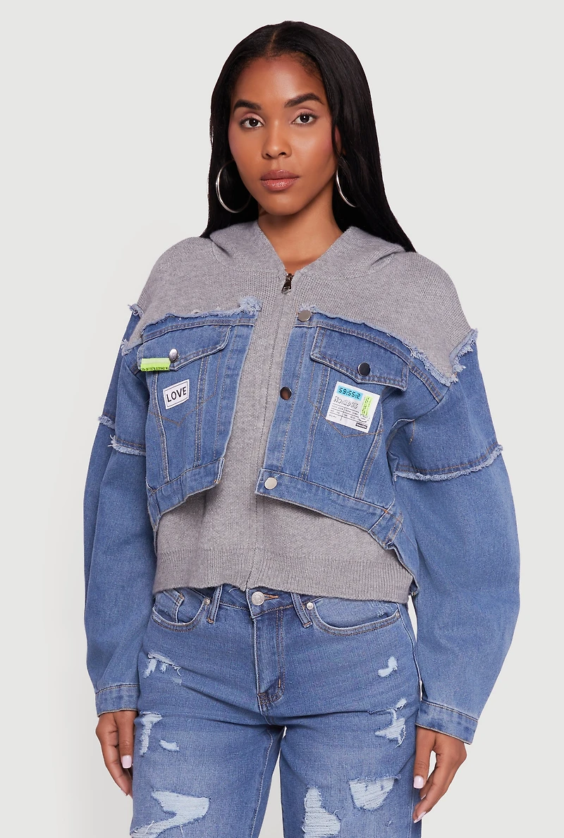 Hooded Sweater Insert Layered Look Denim Jacket