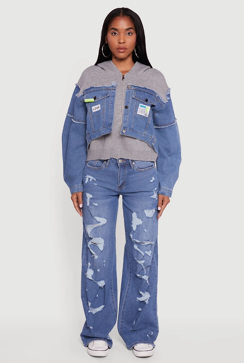 Hooded Sweater Insert Layered Look Denim Jacket