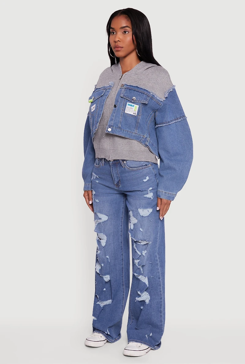 Womens Hooded Sweater Insert Layered Look Denim Jacket, Blue, Size S