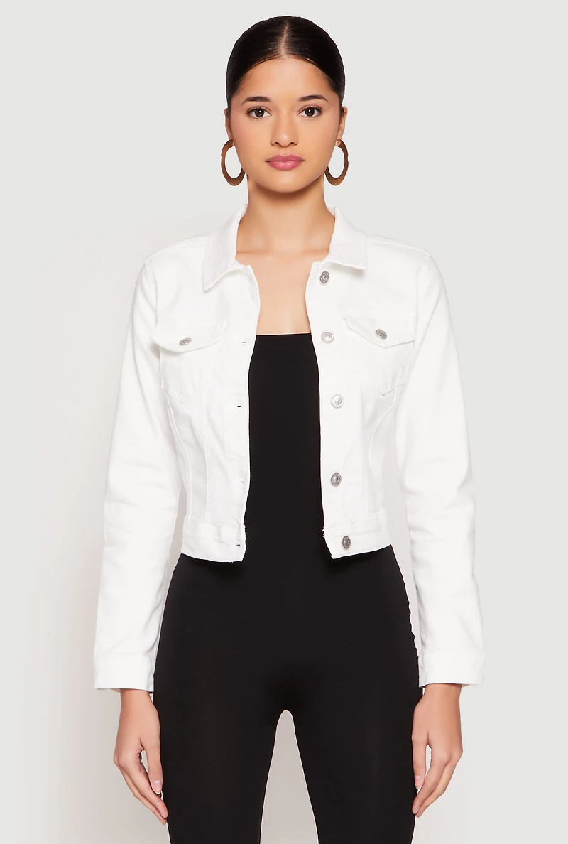 Womens WAX Long Sleeve Denim Jacket, White, Size M