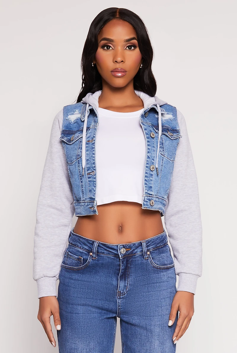 Womens WAX Distressed Hooded Jean Jacket, Blue,