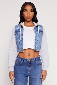 Womens WAX Distressed Hooded Jean Jacket, Blue,