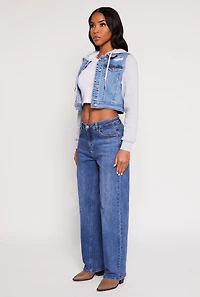 Womens WAX Distressed Hooded Jean Jacket, Blue,