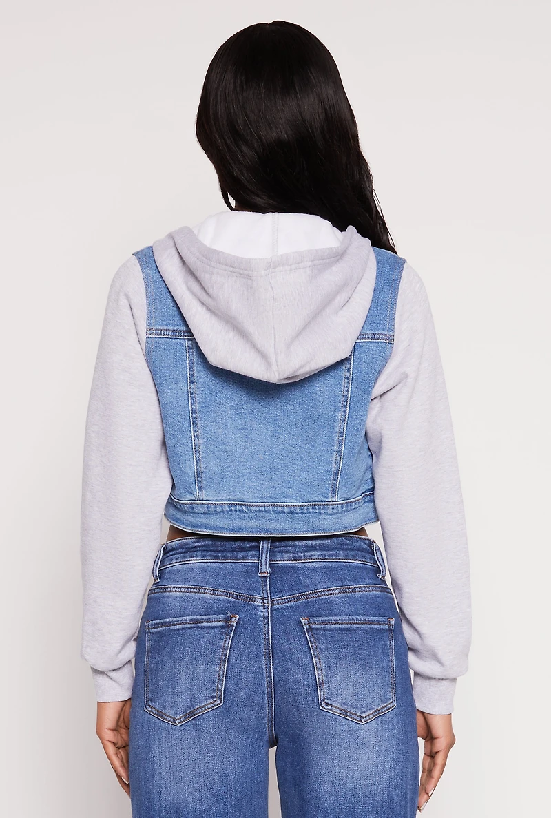 Womens WAX Distressed Hooded Jean Jacket, Blue,