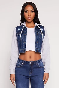 Womens WAX Distressed Hooded Jean Jacket, Multi,