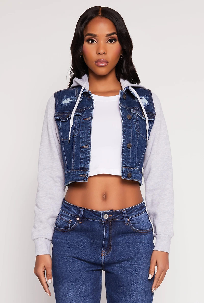 Womens WAX Distressed Hooded Jean Jacket, Multi, Size M