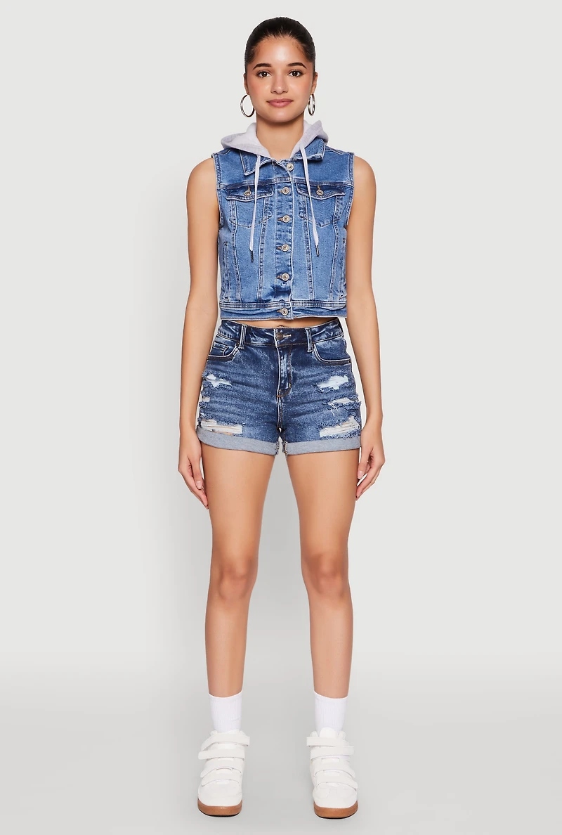 Womens WAX Hooded Denim Vest, Blue, Size L