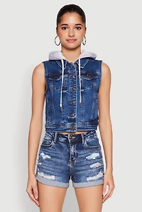 Womens WAX Hooded Denim Vest, Blue,