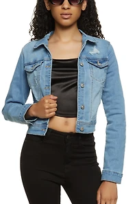 Womens WAX Distressed Denim Jacket, Blue,