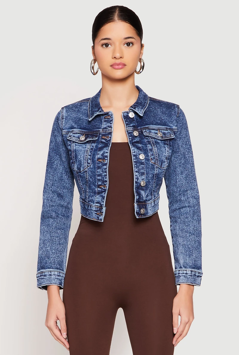 Womens WAX Mineral Wash Cropped Denim Jacket, Blue, Size L
