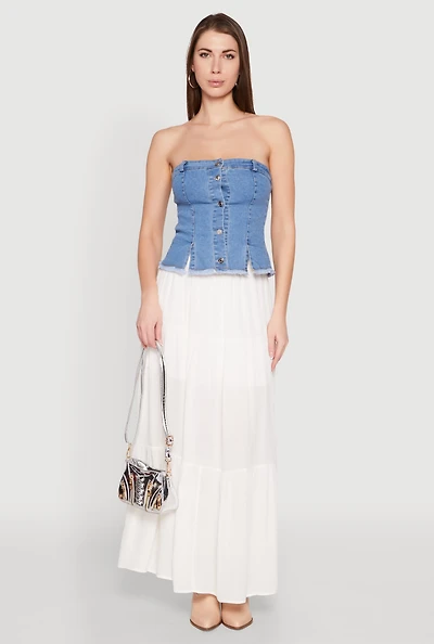 Frayed Split Hem Denim Tube Top