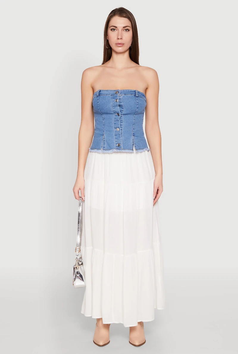 Frayed Split Hem Denim Tube Top