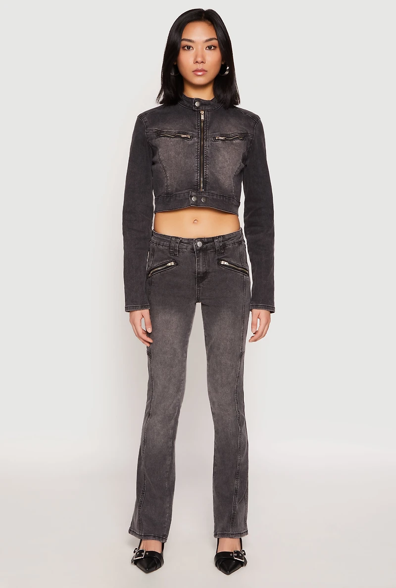 Womens Almost Famous Denim Moto Cropped Jacket, Grey,
