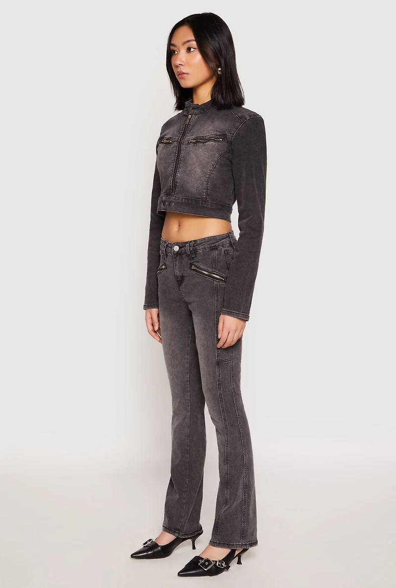 Womens Almost Famous Denim Moto Cropped Jacket, Grey,