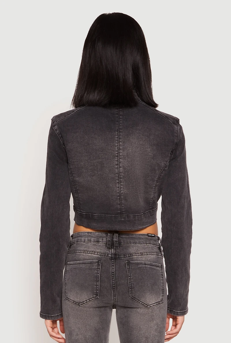 Womens Almost Famous Denim Moto Cropped Jacket, Grey,