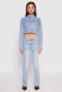 Womens Almost Famous Denim Moto Cropped Jacket, Blue, Size L